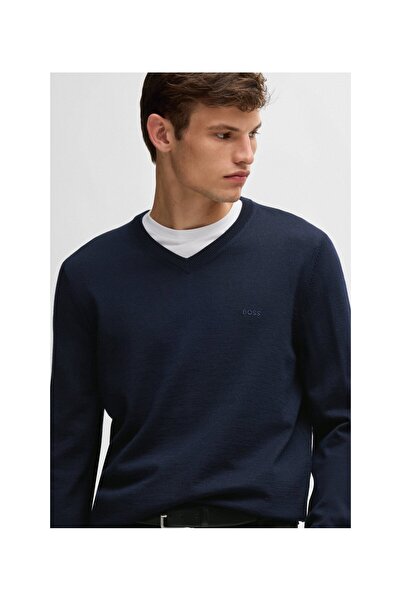 BOSS Nakışlı logolu işlenmemiş yün normal kesim kazak