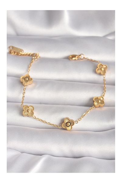 Clariss 316L Steel Gold Color Baby Boy Clover Model Embroidery Detail Women's Bracelet