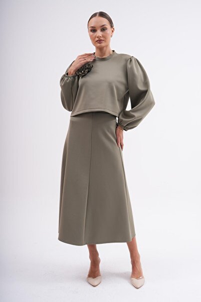 MODAJİN Khaki Colored Double Set - Dadali Flower Detailed Skirt and Top