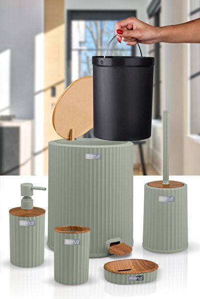 Okyanus Home Σετ μπάνιου Coliseum Green Ξύλινο Σχέδιο 5 τεμαχίων με κουβά και πεντάλ