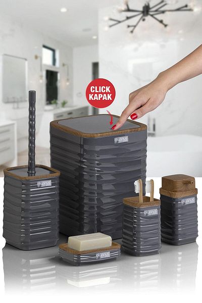 Okyanus Home Σετ μπάνιου Luna Anthracite Ξύλινο μοτίβο τετράγωνο 5 τεμαχίων