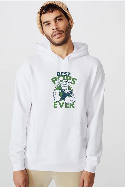 Tshirthane Popeye Best Pops Ever Λευκό ανδρικό φούτερ με κουκούλα 3 κορδονιών