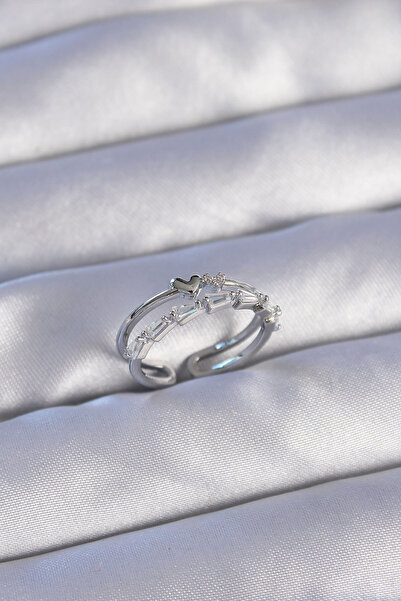 Epilons النحاس الفضة اللون الزركون حجر القلب 2Li مظهر حلقة قابلة للتعديل