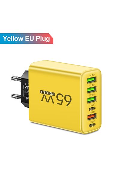 Choice EU Plug Yellow Total 65W 6 in 1 4 USB 2 Type C Quick Charging Fast Wall Charger For iPhone Samsung X