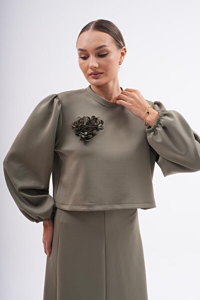 MODAJİN Khaki Colored Double Set - Dadali Flower Detailed Skirt and Top