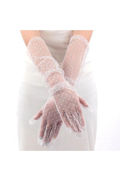 robotrend Tall White Polka Dot White Color Adult Tulle Gloves 55 cm