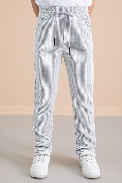 Cansın Mini Ribbed Gray Striped Boy's Elastic Waist Trousers 20379