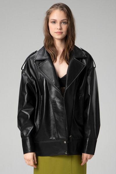 Dericlub Wm019 Oversize Biker Hakiki Deri Kadın Mont Siyah