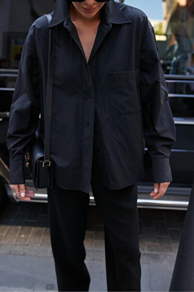 Askı Nişantaşı Black Single Pocket Poplin Shirt