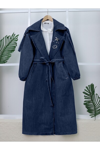 Modamorfo Jeans Trench Coat with Stone Detail on the Front and Laced Waist -K...