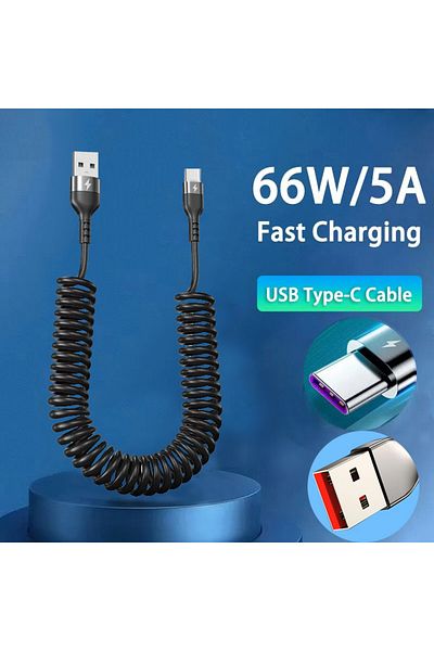 Choice 2m Black USB C Car USB Type C 66W & LIGHTNING PD Fast Charging Type C to Type C Spring Telescopic Ca