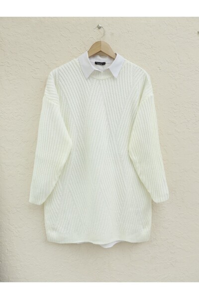 Modamorfo Diamond Patterned Knitted Knitwear Tunic -Ecru
