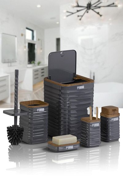 Okyanus Home Σετ μπάνιου Luna Anthracite Ξύλινο μοτίβο τετράγωνο 5 τεμαχίων