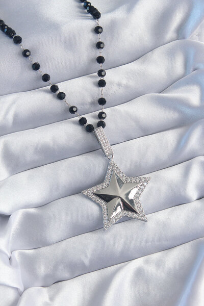 Nehir Silver Color Black Beads Zircon Stone Brass Star Model Vip Series Women...