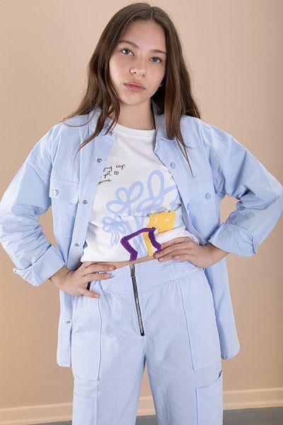 Cansın Mini Blue Girl's Floral Printed Shirt and Jogger Pants 3 Piece Set 20473
