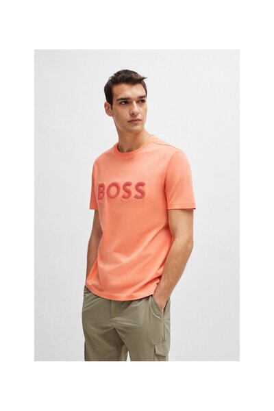 BOSS File logolu normal kesim pamuklu penye tişört