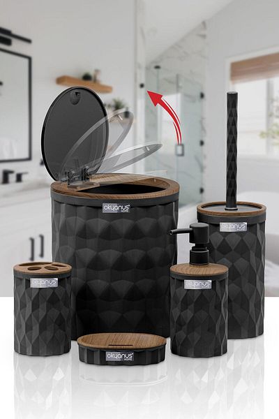Okyanus Home Diamond Black Wood Click Cover Σετ μπάνιου 5 τεμαχίων