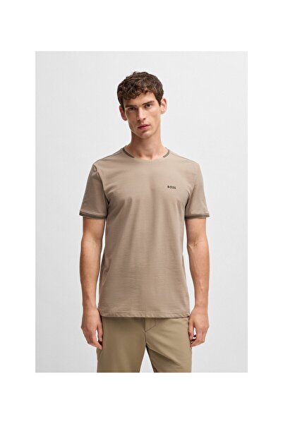 BOSS Çizgili ve logolu esnek pamuklu tişört