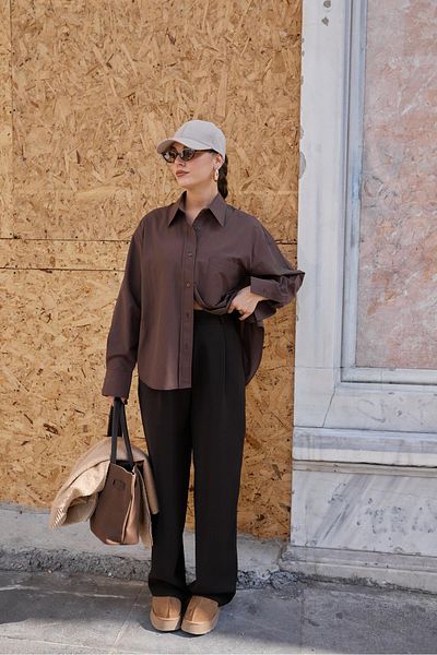 Askı Nişantaşı Bitter Brown Single Pocket Poplin Shirt