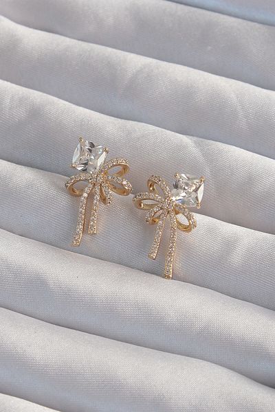 SeyCey.co Brass Gold Color Square Zircon Stone Bow Earrings