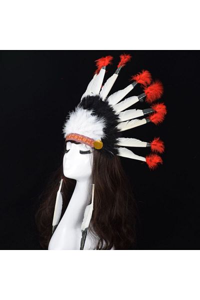 robotrend Black Red Big Indian Red Headpiece with White Feathers