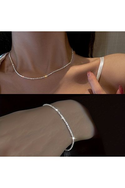 Choice 2pcs bundle A Shiny Sparkling Silver Plated Clavicle Chain Necklace Bracelet Jewelry Set for Women M