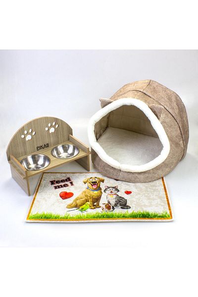 GOBYPET Beige Alas Cat and Dog House Bed - Cat-Dog Drinking Bowl with 2 Bowls, Food Bowl Mat Set