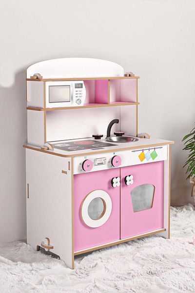 ROZİTOYS Cg83 مطبخ أطفال خشبي وردي، لعبة مطبخ خشبية، سجادة أطفال هدية T1004