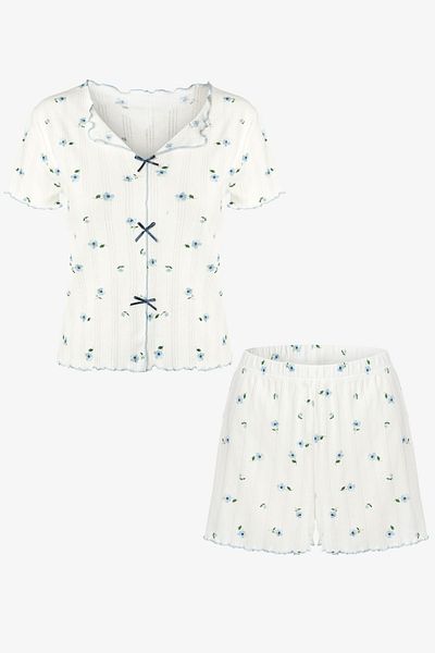 koza iç giyim Set de pantaloni scurți cu mânecă scurtă pentru femei, cu imprimeu floral, cu fundă