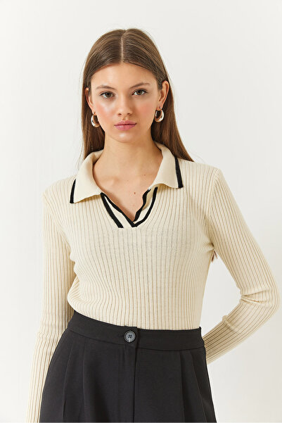 Bianco Lucci Kadın Polo Yaka Fitilli Şerit Detaylı Mevsimlik Uzun Kollu Triko Bluz 60261446