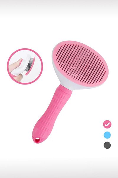 GOBYPET Pink Animal Brush with Automatic Cleaning Button - Cat Dog Hair Collector Comb