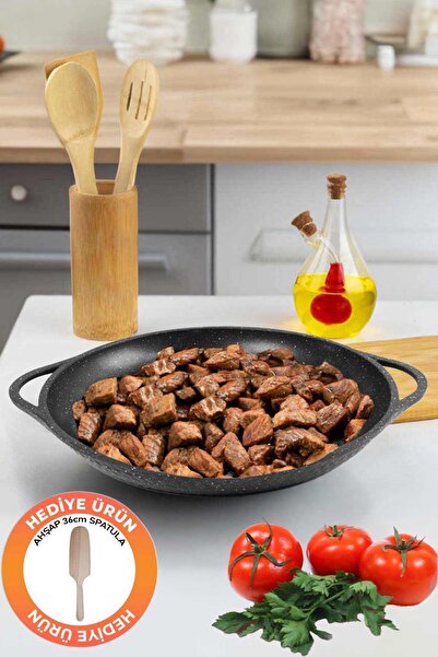 einsteel Granit Döküm Kavurma Saç Tavası Balık Tavası, Kavurma Ve Bazlama Tavası Siyah 36 Cm, Spatula Hediye
