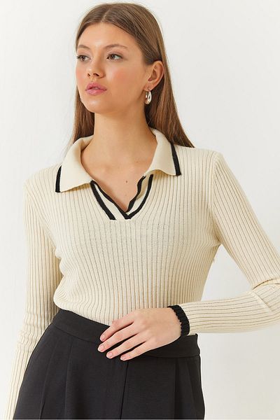 Bianco Lucci Damen-Polokragen, gerippt, gestreift, detaillierte saisonale Langarm-Strickbluse 60261446