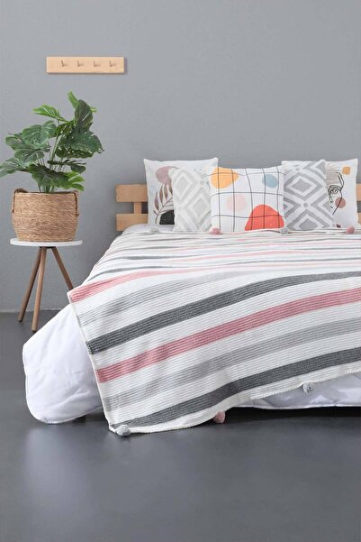 AKSU بطانية قطن بومبوم مزدوجة مقاس 200x220 سم