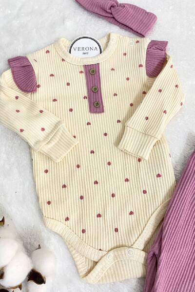 VERONA TARZ Baby Girl Set of 3 Ribbed Soft Fabric 100% Cotton Headband Snap Fastener Bodysuit Newborn