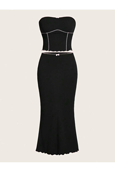 La Saade Y2k Coquette Siyah Straplez Üst ve Denizkızı Etek İkili Takım