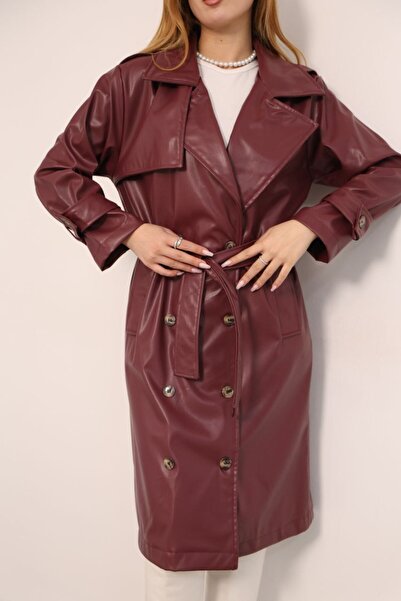 NEW RONİ Kadın Düğmeli Kuşaklı Deri Kruvaze Trençkot
