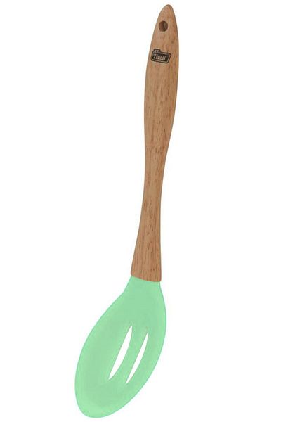 TİVOLİ Wooden Handle Tip Silicone Heat Resistant Fireproof Non-Stick Perforated Spoon Serving Spoon 31 cm Green