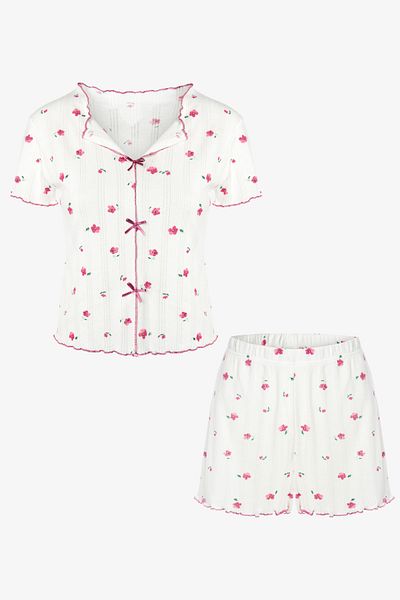 koza iç giyim Women's Floral Print Bow Camisole Short Sleeve Shorts Set
