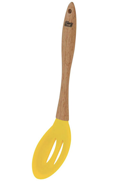 TİVOLİ مقبض خشبي طرف سيليكون مقاوم للحرارة مقاوم للحريق ملعقة مثقوبة غير لاصقة ملعقة تقديم 31 سم أصفر