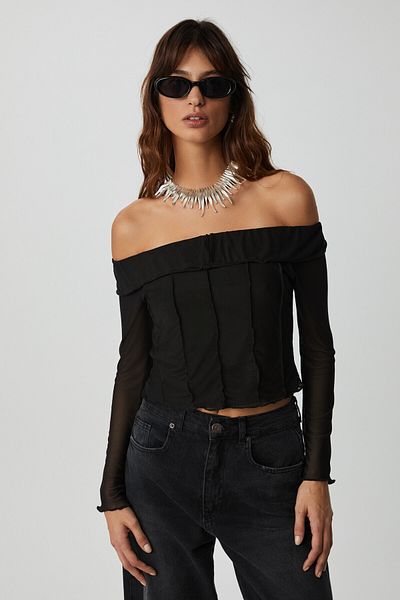 GRIMELANGE Nerys Women's Strapless Collar Off-The-Shoulder Long Sleeve Slim Fit Black Blouse
