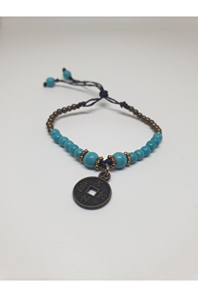 mama india alaçatı Turquoise Stone Adjustable Brass Bracelet with Chinese Zod...