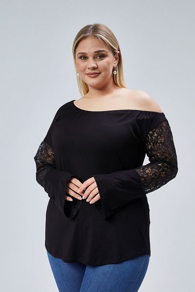 Curvy Trend Plus Size Asymmetrical Neckline Lace Spanish Sleeve Blouse