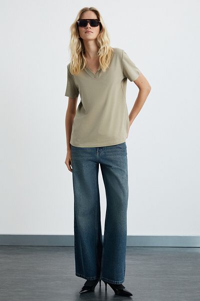 GRIMELANGE Alıne Women's 100% Organic Cotton Deep V-Neck Comfort Fit Beige T-Shirt