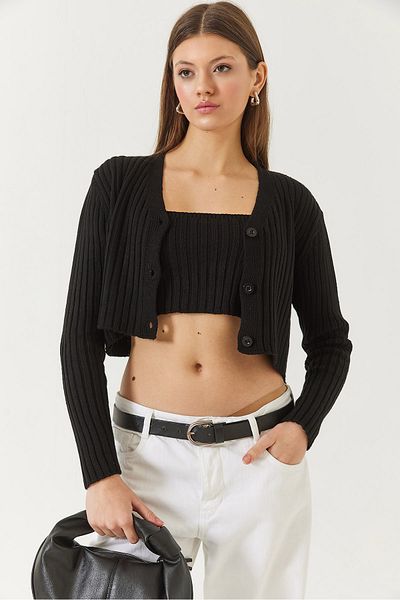Bianco Lucci Women's Cardigan Crop Tank Top Double Knitwear Set 60261447