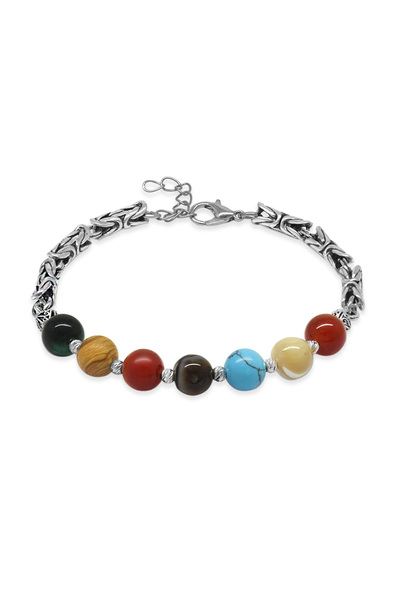 Tesbihane Non-Tarnish Metal King Chain Globe Cut Multiple Natural Stone Planet Combination Men's Lucky Bracelet