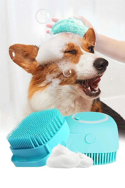 GOBYPET Cat and Dog Pet Washing Brush with Shampoo Tank Silicone Blue