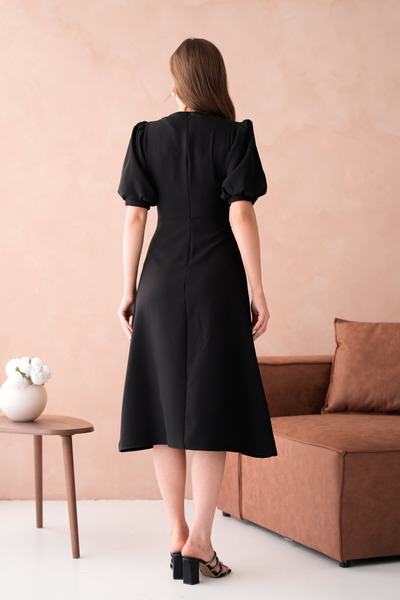 bayansepeti Černá látka Atlas s balonovým výstřihem do V, zvonový střih večerní šaty midi s doplňky na knoflíky 153