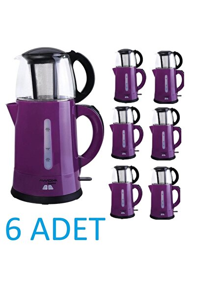 AWOX 6 Adet - Teaplus Elektrikli Cam Demlikli Çaycı Çay Makinesi 2000 Watt 3100 ml Mor