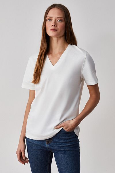 GRIMELANGE Aline Women's 100% Organic Cotton Deep V-Neck Comfort Fit White T-Shirt